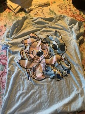 Dsyney Stitch & Angel Graphic Tee - Light Blue Size Large